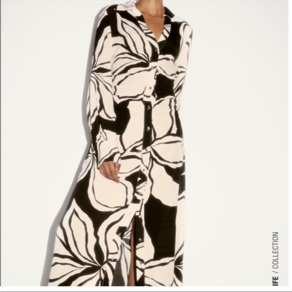 Zara Dresses Zara Floral Print Shirt Dress Blackcream Medium Poshmark